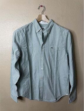 Lacoste Classic Fit Button Down Shirt Size 38 Green White Striped 100% Cotton